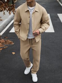 Manfinity CasualCool 男士純色長袖夾克與抽繩鬆緊腰長褲套裝，適合正式街頭風或休閒場合，卡其色秋季 - 卡其色 - 查看 7