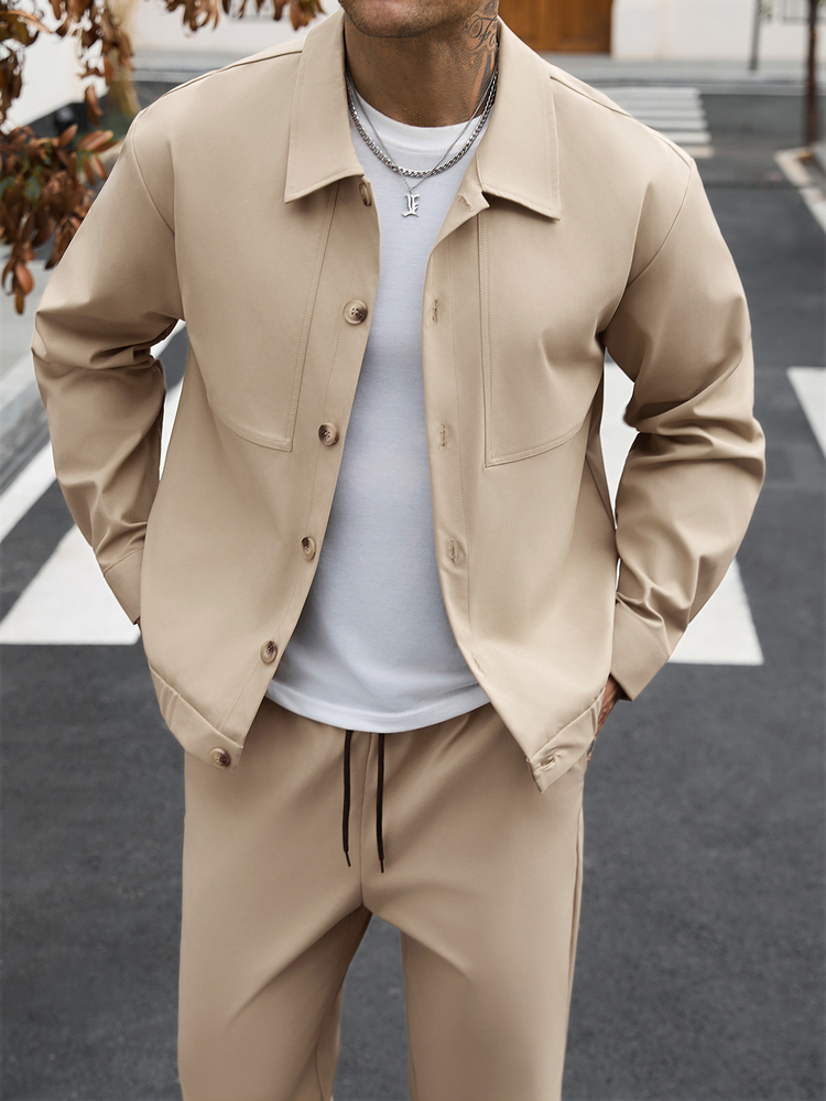 Manfinity CasualCool Men's Solid Color Long Sleeve Jacket And Drawstring Elastic Waist Pants Set, Suitable For Formal Streetwear Or Casual Occasions, Khaki Autumn - Khaki - View 3