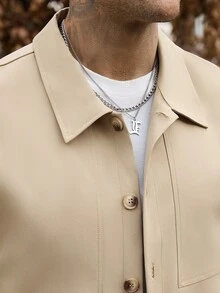 Manfinity CasualCool 男士純色長袖夾克與抽繩鬆緊腰長褲套裝，適合正式街頭風或休閒場合，卡其色秋季 - 卡其色 - 查看 5