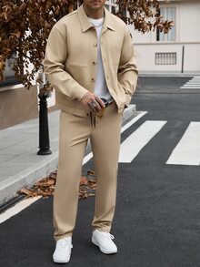 Manfinity CasualCool 男士純色長袖夾克與抽繩鬆緊腰長褲套裝，適合正式街頭風或休閒場合，卡其色秋季 - 卡其色 - 查看 6