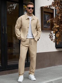 Manfinity CasualCool 男士純色長袖夾克與抽繩鬆緊腰長褲套裝，適合正式街頭風或休閒場合，卡其色秋季 - 卡其色 - 查看 4