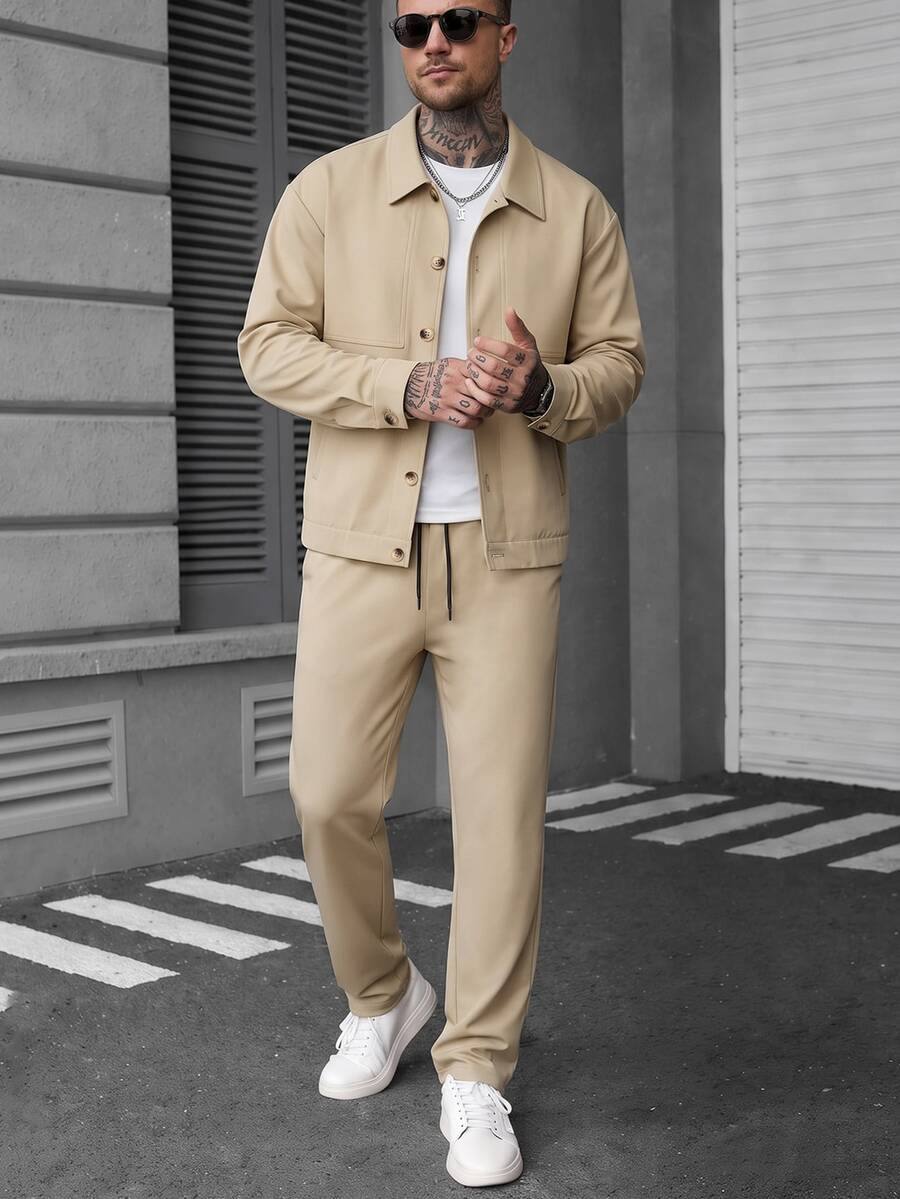 Manfinity CasualCool 男士純色長袖夾克與抽繩鬆緊腰長褲套裝,適合正式街頭風或休閒場合,卡其色秋季 - 卡其色 - 查看 1