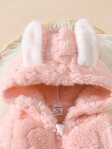 SHEIN 新生兒粉色兔耳連帽連身衣 柔軟絨毛連身套裝 嬰兒 0-9 個月 冬季可愛紅色波點 兄弟姊妹套裝 秋季服飾 - 粉色 - 查看 6