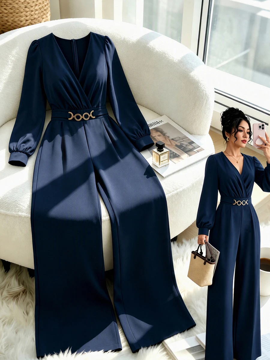 GlowEve CURVE Plus Size Women's Elegant Solid Color V-Neck Puff Long Sleeve Gold Decor Waist Buckle Cinched Wide Leg Jumpsuit, Suitable For Spring/Autumn Commuting And Casual Daily Wear - Navy Blue - View 1