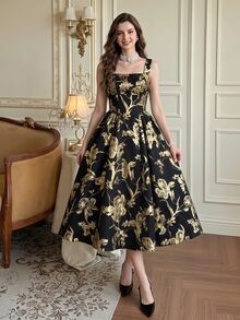 Vintamour Women's Black And Gold Floral Sleeveless Dinner Dress Wedding Guest Autumn Fall Winter Elegant Dresses For Women Elegant Long Party Dress Graduation - Black and Gold - View 2