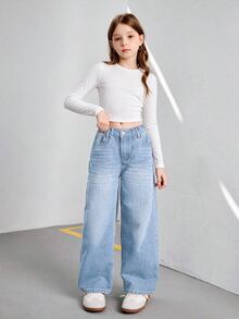 SHEIN 青少年女孩復古寬鬆版寬腿牛仔褲，休閒直筒丹寧長褲，適合學校、校園、大學秋季穿搭 - 淺色水洗藍 - 查看 8