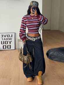 Coolane 女款秋冬街頭風休閒復古日常穿著返校圖案條紋抓絨鬆身收腰紅色長袖運動衫 - 紅色 - 查看 5