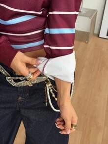 Coolane 女款秋冬街頭風休閒復古日常穿著返校圖案條紋抓絨鬆身收腰紅色長袖運動衫 - 紅色 - 查看 7
