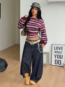 Coolane 女款秋冬街頭風休閒復古日常穿著返校圖案條紋抓絨鬆身收腰紅色長袖運動衫 - 紅色 - 查看 2