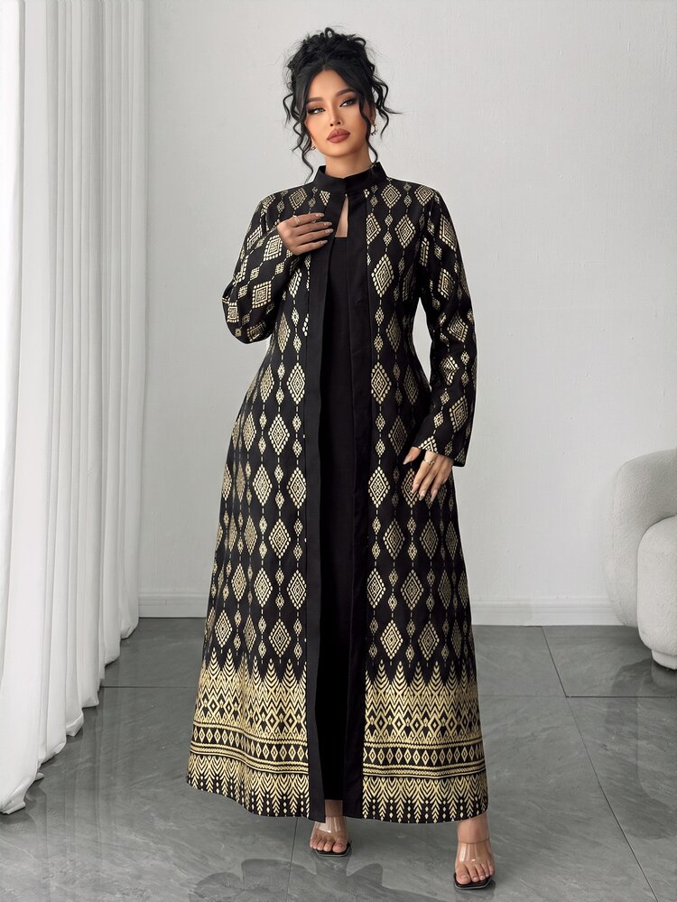 Elenzga Plus Size Stand Collar Long Sleeve Dress, Positioned Gold Foil FloralSplicing,Retro ForTheme Party, Halloween, WeddingGuest, Valentine's Day, New Year - Black - View 4