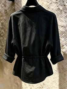 Franclia New Women's Slouchy Casual Loose Slimming Drawstring Long Sleeve Shirt - Black - View 3