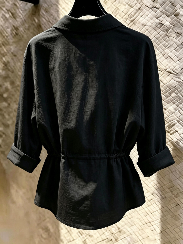 Franclia New Women's Slouchy Casual Loose Slimming Drawstring Long Sleeve Shirt - Black - View 2
