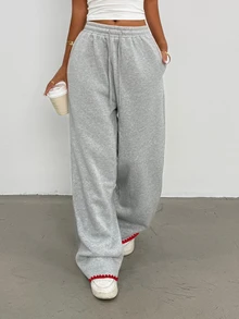 SHEIN 女款貝殼刺繡直筒寬鬆長款運動褲，休閒四季款長褲，優雅舒適設計，休閒外出運動褲，淺灰色休閒運動褲 - 淺灰色 - 查看 3