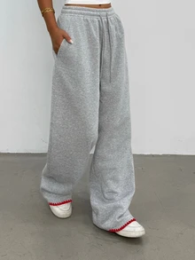 SHEIN 女款貝殼刺繡直筒寬鬆長款運動褲，休閒四季款長褲，優雅舒適設計，休閒外出運動褲，淺灰色休閒運動褲 - 淺灰色 - 查看 4