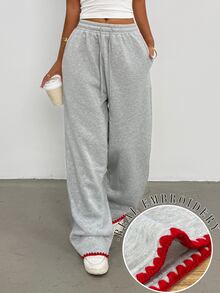 SHEIN 女款貝殼刺繡直筒寬鬆長款運動褲，休閒四季款長褲，優雅舒適設計，休閒外出運動褲，淺灰色休閒運動褲 - 淺灰色 - 查看 1