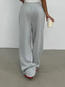 SHEIN 女款貝殼刺繡直筒寬鬆長款運動褲，休閒四季款長褲，優雅舒適設計，休閒外出運動褲，淺灰色休閒運動褲 - 淺灰色 - 查看 2