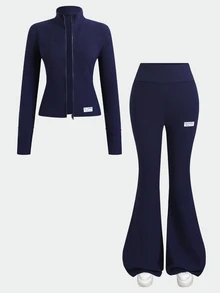 SHEIN 青少年女孩立領拉鍊純色海軍藍長袖上衣拼接裝飾褲子2件套 - 藏蓝色 - 查看 4