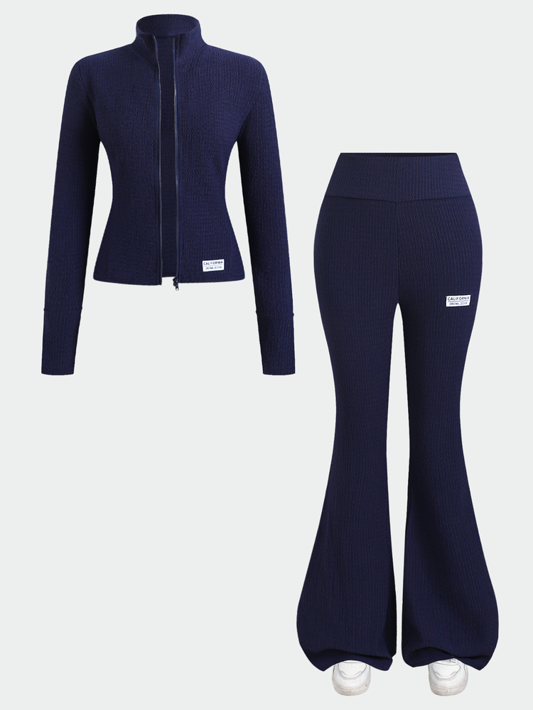 SHEIN Teen Girl Teen Girls Stand Collar Zipper Solid Navy Blue Long Sleeve Top Patch Decor Pants 2pcs Set - Navy Blue - View 4