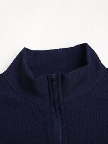 SHEIN 青少年女孩立領拉鍊純色海軍藍長袖上衣拼接裝飾褲子2件套 - 藏蓝色 - 查看 5