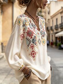 Breezaya Women's Fashion Holiday Geometric Print Button Up Top - Apricot - View 3