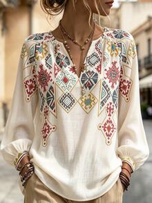 Breezaya Women's Fashion Holiday Geometric Print Button Up Top - Apricot - View 1