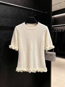 Muvela Atasan Rajut Wanita Berkerah Bulat dengan Hiasan Ruffle, Lengan Pendek Elegan untuk Kerja Kantor Kasual Musim Gugur Musim Dingin, Pakaian untuk Keluar, Atasan Warna Krem - Aprikot - View 4