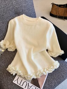 Muvela Atasan Rajut Wanita Berkerah Bulat dengan Hiasan Ruffle, Lengan Pendek Elegan untuk Kerja Kantor Kasual Musim Gugur Musim Dingin, Pakaian untuk Keluar, Atasan Warna Krem - Aprikot - View 5