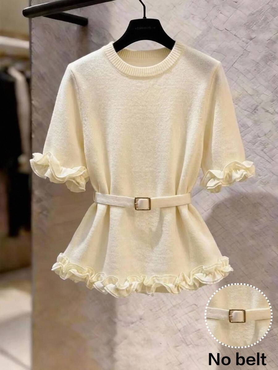Muvela Atasan Rajut Wanita Berkerah Bulat dengan Hiasan Ruffle, Lengan Pendek Elegan untuk Kerja Kantor Kasual Musim Gugur Musim Dingin, Pakaian untuk Keluar, Atasan Warna Krem - Aprikot - View 1