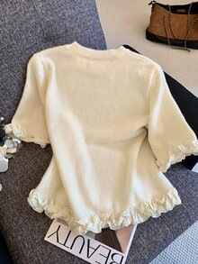 Muvela Atasan Rajut Wanita Berkerah Bulat dengan Hiasan Ruffle, Lengan Pendek Elegan untuk Kerja Kantor Kasual Musim Gugur Musim Dingin, Pakaian untuk Keluar, Atasan Warna Krem - Aprikot - View 2