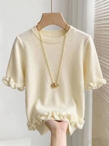 Muvela Atasan Rajut Wanita Berkerah Bulat dengan Hiasan Ruffle, Lengan Pendek Elegan untuk Kerja Kantor Kasual Musim Gugur Musim Dingin, Pakaian untuk Keluar, Atasan Warna Krem - Aprikot - View 3