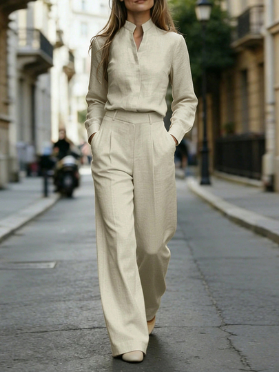 SHEIN Conjunto de 2 piezas para mujer con camisa de manga larga minimalista elegante y pantalones con bolsillos, estilo casual para oficina, color beige, otoño e invierno, camisa de vestir