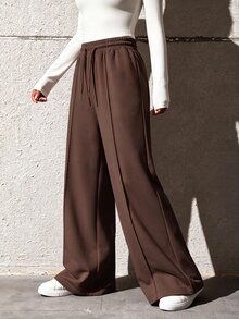 青少年女孩長袖抓絨寬腿休閒街頭時尚學院風保暖內裡加厚運動長褲，秋冬/聖誕服飾 - 棕色 - 查看 6