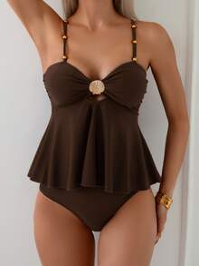 SHEIN Swim 2pcs Women Summer Elegant Resort Brown Shell Metallic Beaded Tankini With Cover Up Swimwear Set - Coffee Brown - View 3