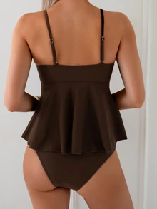 SHEIN Swim 2pcs Women Summer Elegant Resort Brown Shell Metallic Beaded Tankini With Cover Up Swimwear Set - Coffee Brown - View 2