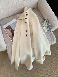 SHEIN Franclia Women's Soft & Cozy Button Long Sleeve Pocket Overcoat - Beige - View 4