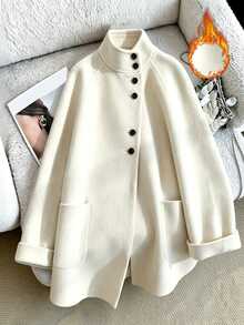 SHEIN Franclia Women's Soft & Cozy Button Long Sleeve Pocket Overcoat - Beige - View 2