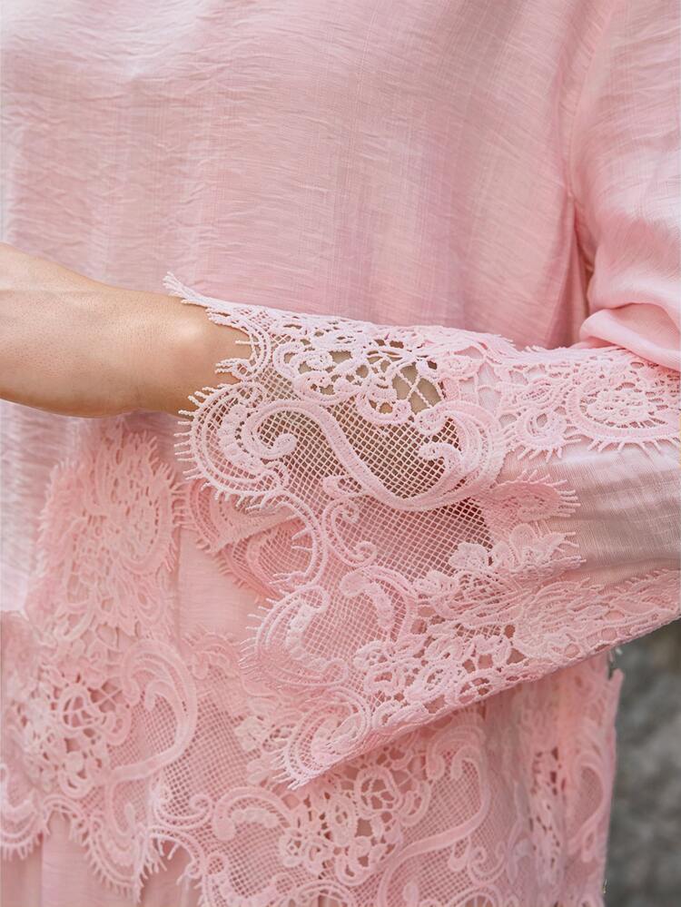 Modelyn Women's French Style Romantic Soft Pink Lace Embroidered Patchwork Top And Skirt 2-Piece Set, Elegant Outfit Vacation Autumn - Pink - View 5