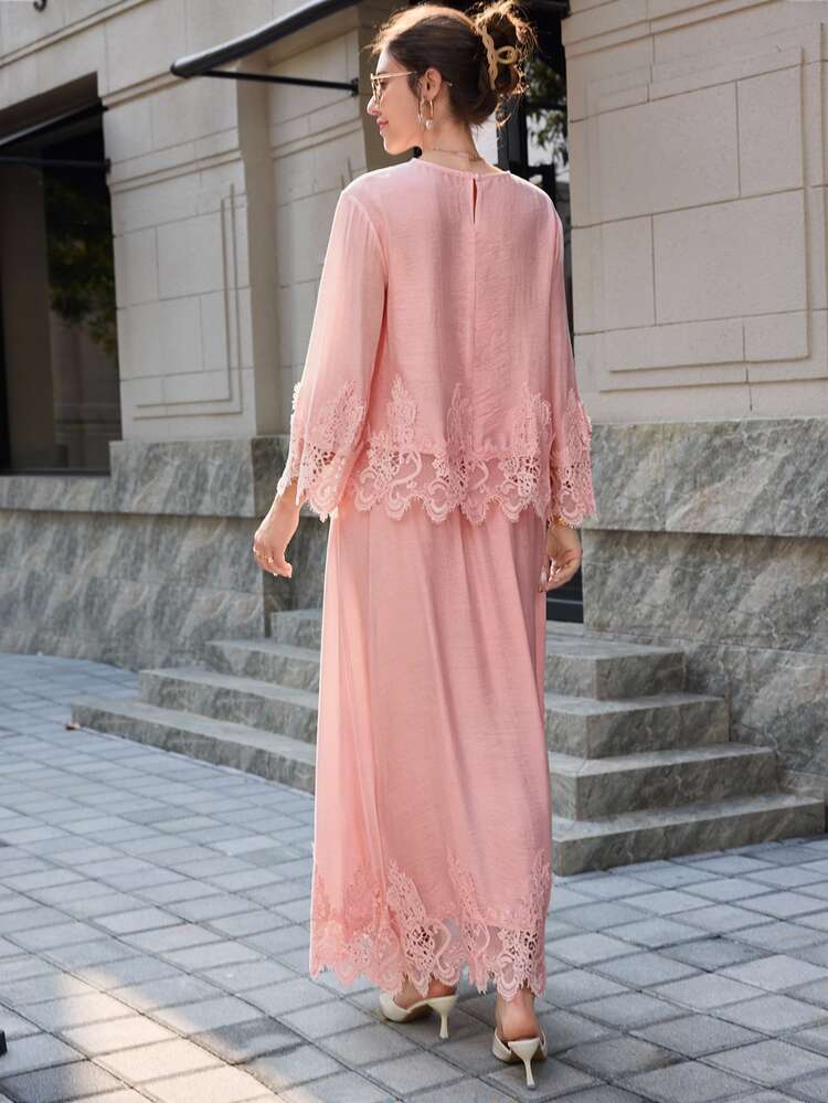 Modelyn Women's French Style Romantic Soft Pink Lace Embroidered Patchwork Top And Skirt 2-Piece Set, Elegant Outfit Vacation Autumn - Pink - View 2