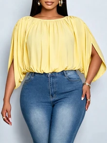 SOLERSUN Plus Size Women's Elegant Versatile Daily Ruched Top, Casual Streetwear, Vacation Beach Brunch Formal Holiday Style, Yellow Summer - Yellow - View 3