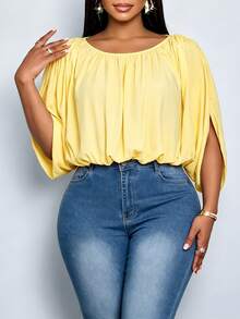 SOLERSUN Plus Size Women's Elegant Versatile Daily Ruched Top, Casual Streetwear, Vacation Beach Brunch Formal Holiday Style, Yellow Summer - Yellow - View 2