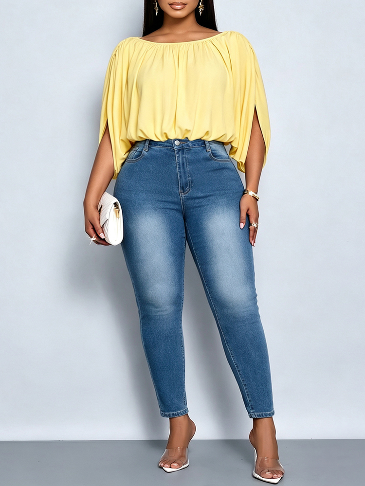 SOLERSUN Plus Size Women's Elegant Versatile Daily Ruched Top, Casual Streetwear, Vacation Beach Brunch Formal Holiday Style, Yellow Summer - Yellow - View 4