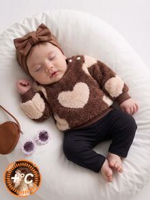 0-9M Newborn Baby Girl SET Fall Winter Sweet Heart Soft Knit Brown Long Sleeve Fuzzy Top Thermal Velvet Pants Outfit Set Party Photo - Brown - View 3
