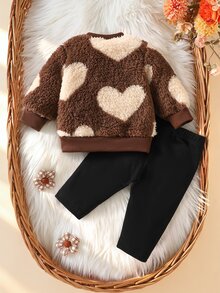 0-9M Newborn Baby Girl SET Fall Winter Sweet Heart Soft Knit Brown Long Sleeve Fuzzy Top Thermal Velvet Pants Outfit Set Party Photo - Brown - View 2