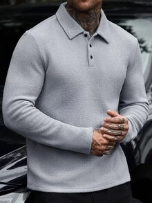 Manfinity CasualCool 男士長袖純色休閒成熟風 Polo 衫，秋冬款 - 灰色 - 查看 5