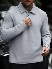 Manfinity CasualCool 男士長袖純色休閒成熟風 Polo 衫，秋冬款 - 灰色 - 查看 7