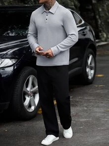 Manfinity CasualCool 男士長袖純色休閒成熟風 Polo 衫，秋冬款 - 灰色 - 查看 4