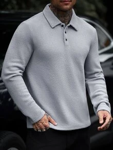 Manfinity CasualCool 男士長袖純色休閒成熟風 Polo 衫，秋冬款 - 灰色 - 查看 8