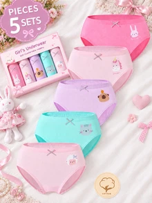 SHEIN 女童 5 件組可愛卡通印花純棉三角內褲，舒適透氣日常穿著內褲套裝 - 彩色 - 查看 3
