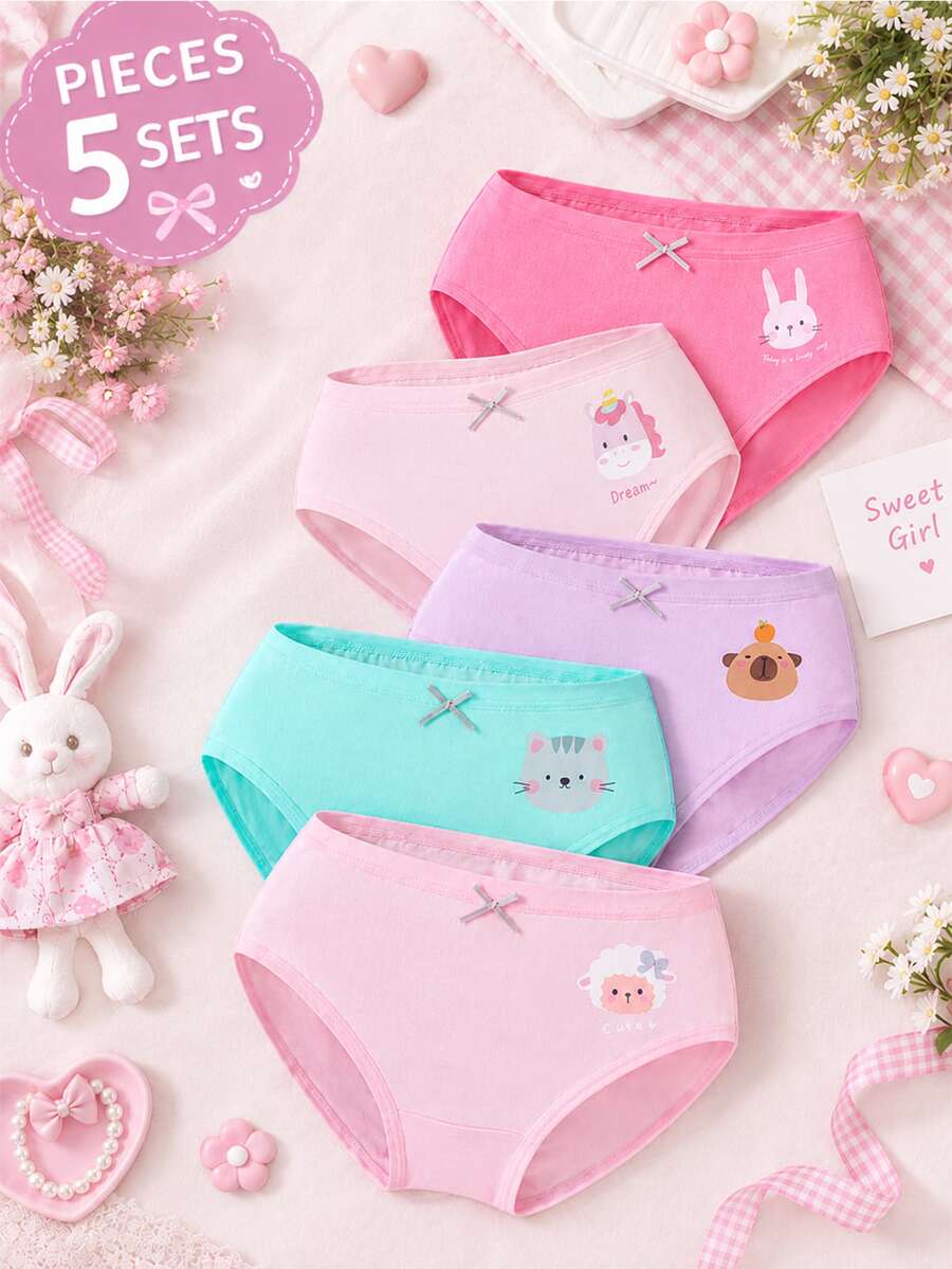 SHEIN 女童 5 件組可愛卡通印花純棉三角內褲,舒適透氣日常穿著內褲套裝 - 彩色 - 查看 1