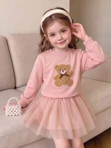 SHEIN Playful Pals 1件少女款甜美可愛棕熊貼花網紗芭蕾舞裙，蝴蝶結下擺長袖圓領常規版生日派對秋季舒適套頭式洋裝 - 粉色 - 查看 8